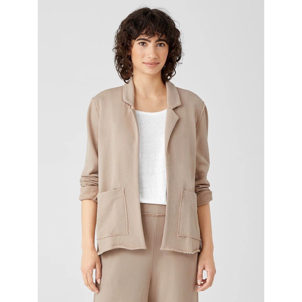 Eileen Fisher Terry Blazer Jacket Khaki Organic Cotton Raw Edge Shacket Large